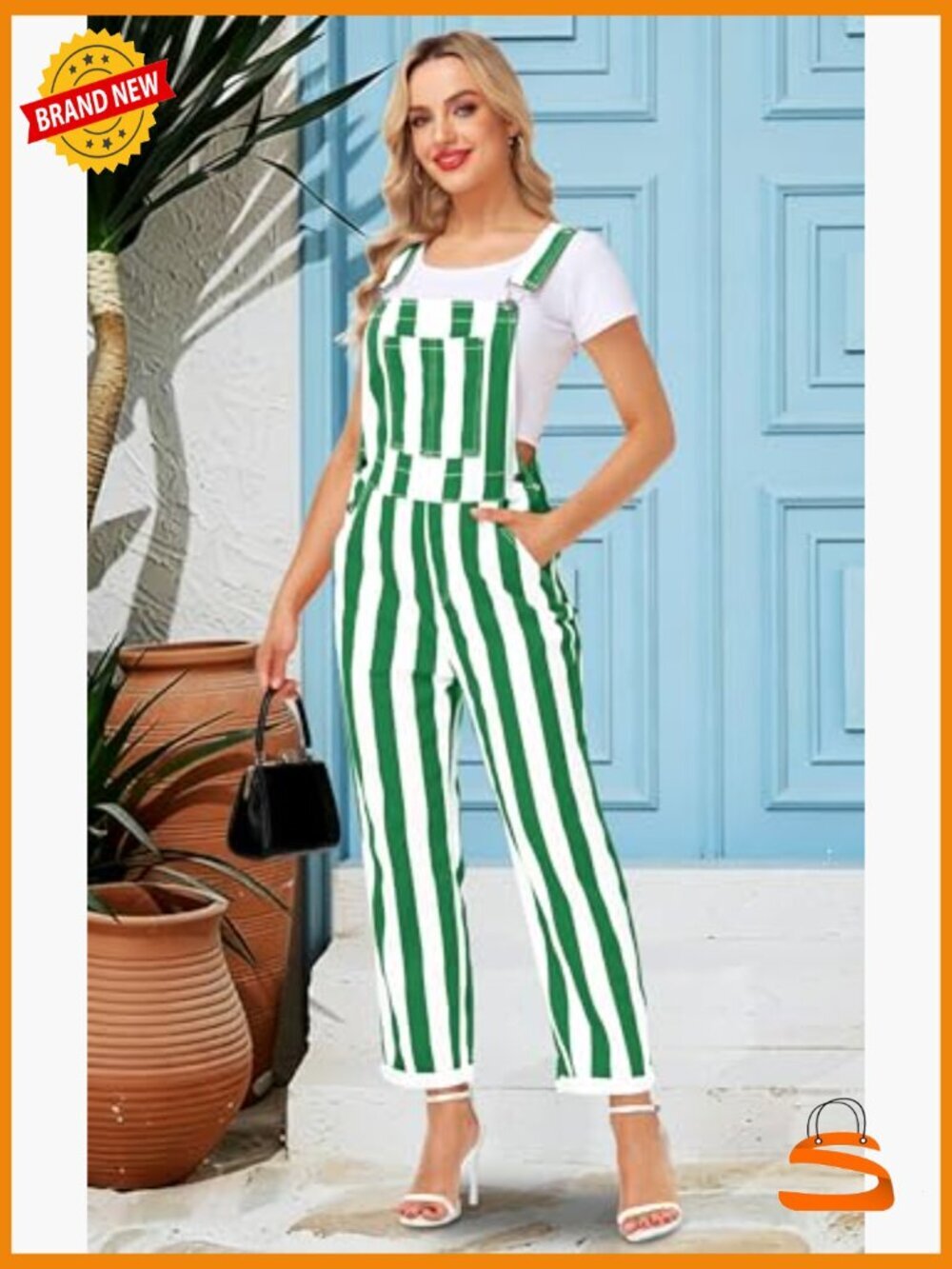 Striped Denim Overalls Stretch Cotton Jumpsuit Adjustable Straps - Picture 2 of 7